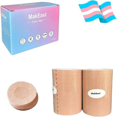 2 لفات Trans Trans لانتقال الشريط العريض الإضافي لصدر الربط اللاتكس FTM Binder FTM مع Nipple يغطي فائقة مقاومة للماء ومرنة 4 في × 16.5 قدم (تان) in Saudi Arabia