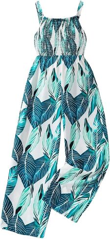 OYOANGLE Girl's Boho Tropical Print Shirred Jumpsuits Beach Vacation Long Pants Rompers in Saudi Arabia
