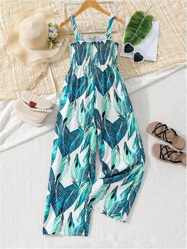 OYOANGLE Girl's Boho Tropical Print Shirred Jumpsuits Beach Vacation Long Pants Rompers in Saudi Arabia