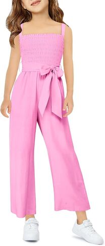 Haloumoning Girls Jumpsuit Kids Sleeveless Smocked Belted Wide Leg Romper with Pockets 5-14 Years in Saudi Arabia