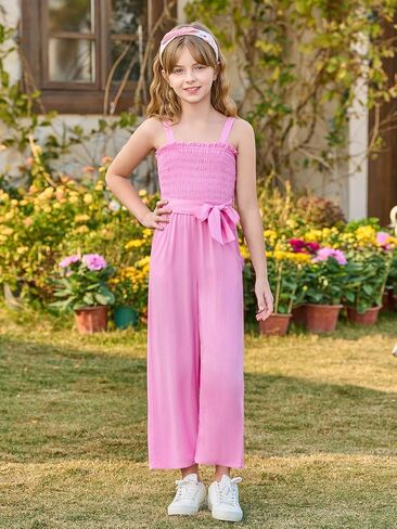 Haloumoning Girls Jumpsuit Kids Sleeveless Smocked Belted Wide Leg Romper with Pockets 5-14 Years in Saudi Arabia