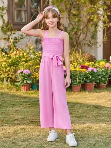 Haloumoning Girls Jumpsuit Kids Sleeveless Smocked Belted Wide Leg Romper with Pockets 5-14 Years in Saudi Arabia