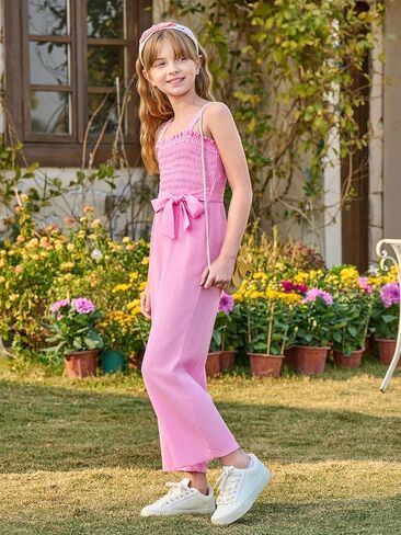 Haloumoning Girls Jumpsuit Kids Sleeveless Smocked Belted Wide Leg Romper with Pockets 5-14 Years in Saudi Arabia
