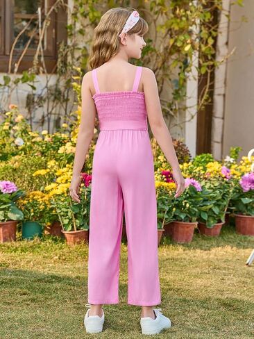 Haloumoning Girls Jumpsuit Kids Sleeveless Smocked Belted Wide Leg Romper with Pockets 5-14 Years in Saudi Arabia