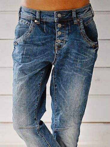 Flamingals Women's Stretchy Straight Leg Casual Low Rise Jeans Wash Button Fly Stitch Detail 90s Trendy Denim Jeans in Kuwait