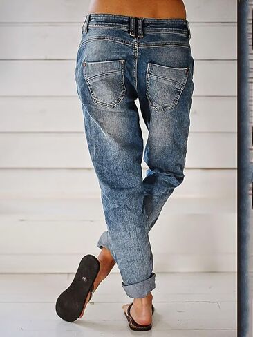 Flamingals Women's Stretchy Straight Leg Casual Low Rise Jeans Wash Button Fly Stitch Detail 90s Trendy Denim Jeans in Kuwait