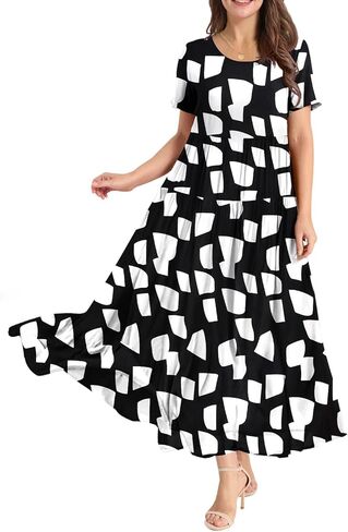 YESNO Women Casual Loose Bohemian Floral Dress with Pockets Short Sleeve Long Maxi Summer Beach Swing Dress EJF in Kuwait