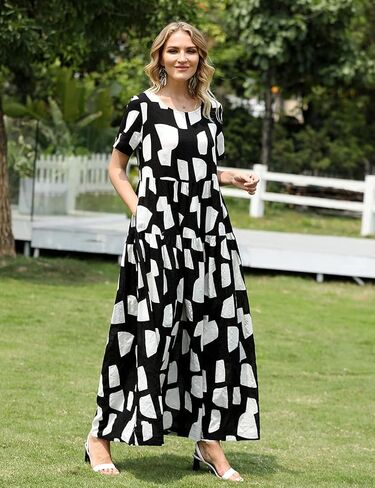 YESNO Women Casual Loose Bohemian Floral Dress with Pockets Short Sleeve Long Maxi Summer Beach Swing Dress EJF in Kuwait