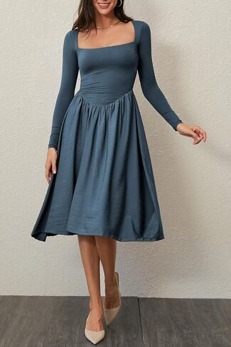 CHYRII Women Spring Fashion 2025 Square Neck Long Sleeve Casual A-Line Midi Dress in Kuwait