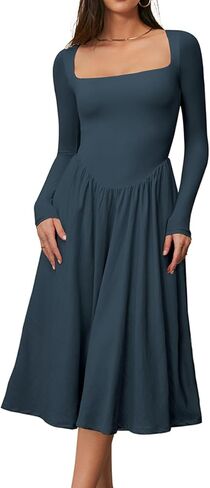 CHYRII Women Spring Fashion 2025 Square Neck Long Sleeve Casual A-Line Midi Dress in Kuwait