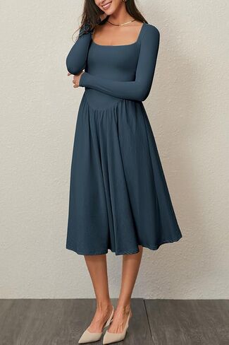 CHYRII Women Spring Fashion 2025 Square Neck Long Sleeve Casual A-Line Midi Dress in Kuwait