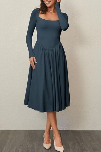 CHYRII Women Spring Fashion 2025 Square Neck Long Sleeve Casual A-Line Midi Dress in Kuwait