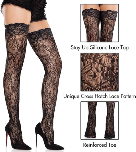 Avenue Avenue Women’s Cross Hatch و Floral Lace ابق في فخذ جوارب عالية للنساء مثير ، أسود ، مقاس واحد in Saudi Arabia