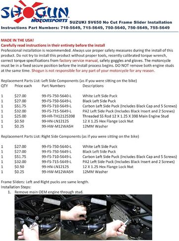Shogun USA Made Suzuki SV650 SV 650 SV650X SV 650 X 2017 2018 2019 2020 2021 2022 2023 2024 2025 Black PA2 No Cut Frame Sliders Fits ABS & NON ABS Models - 715-5649 in Saudi Arabia