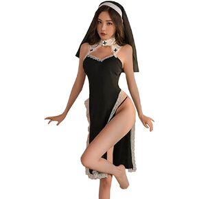 Unibaby Nun Cosplay Costume for Women Sexy Nun Lingerie Fancy Dress Halloween Party Adult Costume with Nun Hat (Nun lace dress)