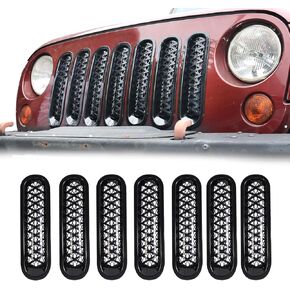 إدراج شبكة الشواية الأمامية متوافقة مع 2007-2018 Jeep Wrangler JK & JKU ، حارس شواء Black Grill Inserts مع فتحات مصبغة مستديرة ، 7 عبوة