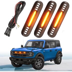 LED Grille Lights for Ford Bronco 2024 2021 2022 2023 Front Grill Inserts Light Snap-on Lamps Fits for Big Bend Outer Bank Accessories 2-4 Door (Amber Lights, 3PCS)