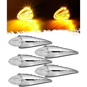Partsam 5PCS Amber Torpedo Cab Marker, Chrome Roof Running Lights Assembly, LED High/Low-Brightness Mode Clearance Lights Compatible with International/Peterbilt/Freightliner/Mack