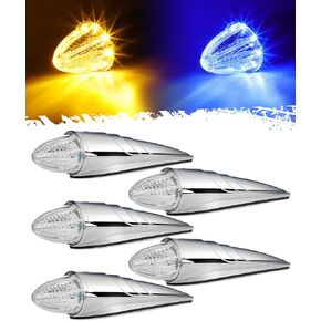 Partsam 5PCS Amber/Blue Torpedo Cab Marker Lights, Chrome Roof Running Lights, 8 LED Top Clearance Lights with Dual luminance Compatible with International/Peterbilt/Freightliner/Mack