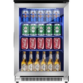 Beverage Refrigerator 15 Inch, Under Counter Refrigerator, 120 Cans Outdoor Beverage Wine Cooler with Stainless Steel Finish for Beer, Soda, Freestanding Drink Cooler