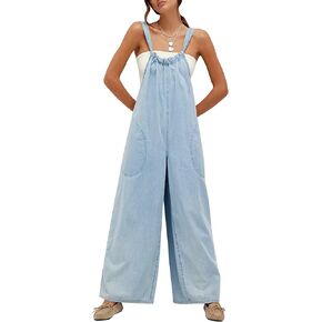 Womens Sleeveless Spaghetti Straps Baggy Overalls Wide Leg Long Rompers Going Out One Piece Jumpsuits with Pockets