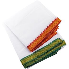 Cotton Dhoti Vesti Mundu White Color 3.6 Meters Length with Colored Border (Red and Green Border)
