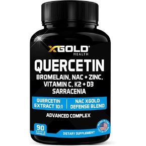 X Gold Health Coercetin Complex | مزيج الدفاع Xgold: دعم مناعي مع 10: 1 مستخلص Quercetin ، Bromelain ، NAC ، الزنك ، فيتامين C ، K2 + D3 ، Elderberry ، الكركم ، الزنجبيل ، والمزيد