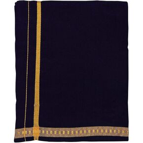 Kolakeer ™ Men Cotton Pentex Dhoti - Kerala Style Single Mundu مع Golden Resham Border - 4 Mulam/1.9 mtrs (Black)