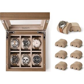 TAWBURY Grove 6 Slot Wooden Watch Box with Glass Lid (Walnut) & a Set of 6 X-Small Replacement Pillows