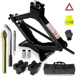 Seven Seven Sparta 2 Ton Scissor Lift Kit - Jack Car Car Heavy مع حزمة 2 منصات واقية ، سترة عاكسة ، أدوات وحقيبة التخزين - مقاومة للتآكل لتغيير الإطارات في حالات الطوارئ ، إصلاح المركبات
