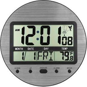 Atomic Clock, 9.25 Inch Round Self-Setting Digital Wall Clock Battery Operated with Temperature, Date and Seconds - Auto DST, Easy to Set, Aluminum Silver
