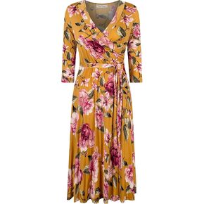 Women's #MadeInUSA 3/4 Sleeve Faux Wrap Midi Dress Knee Length Summer Wedding Guest Party Bridal Baby Shower Maternity Nursing Mustard S