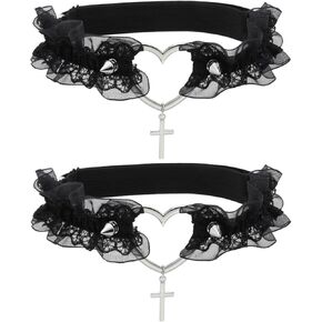 Black Lace Heart Leg Garter with Cross, Adjustable Rivet Thigh Garters Belt for Women Parties