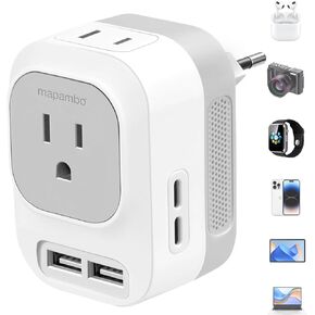Mapambo 220V to 110V Voltage Converter US to Europe Converter for European Travel Plug Adapter with 2 USB Port 2 USB C International Power Adapter for US to France Germany Italy (Grey)