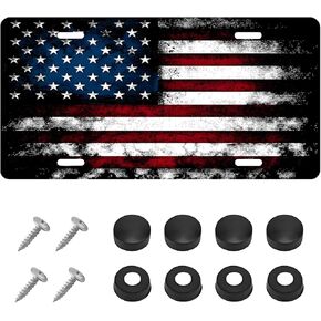 Vintage American Flag License Plate Frame, Personalise USA Flag Car Front License Plate Tag with 4 Screws, Aluminum Metal Rust-Proof Patriotic US Flag Vanity Tag Auto Plate Decor (Black & Red)
