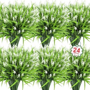 Ouddy Decor 24 Bundles Artificial Flowers for Outdoors, Fake Lavender Flowers Monkey Grass Faux Plastic Plants Shrubs UV Resistant for Porch Garden Window Box Office Home Decorations, Mixed