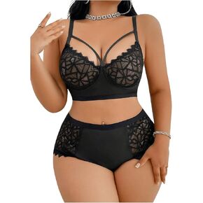 SOLY HUX Women's Plus Size Sheer Lace Lingerie Wireless Bra and Panty 2 Piece Underwear Set
