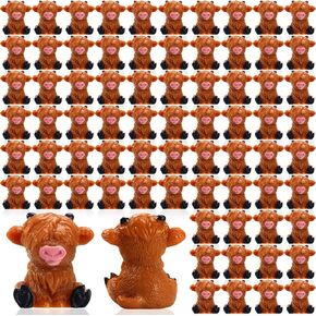 100 Pcs Mini Highland Cow Figurines Bulk Mini Cow Figurines Cake Decorations Cute Miniature Resin Sculpture Ornament Micro Landscape Office Garden Desk Party Tabletop Decor