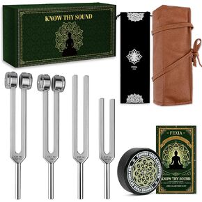 FEXIA Tuning Forks for Healing Set (128Hz, 136.1Hz, 256Hz, 512Hz) Sound Therapy Tuning Fork Set Includes Hockey Puck Activator for Chakra/Sound Healing/Yoga/Meditation/Healing Gifts