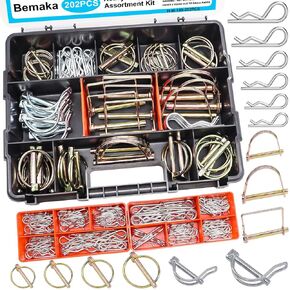 202Pcs Hitch Pins Clip Pins Assortment Kit, Heavy Duty Hitch Pins R Clip, Linch Pins, PTO Pins Trailer Truck Towing Tractor Accessories Three-Point Accessories for Lawn Garden Farm Equipment
