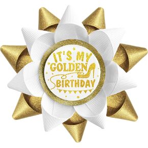 Handmade It's My Golden Birthday Button, Happy Golden Birthday Button Pins for Women and Men, White Gold Grosgrain Ribbon Pins for Birthday Party Decorations Supplies Gifts Ideas (3.75 * 3.75inch)