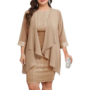 ZOMVA Plus Size Sparkly Formal Dress Suit 2 Piece Mother of The Bride Groom Chiffon Jacket Outfit Cocktail Evening