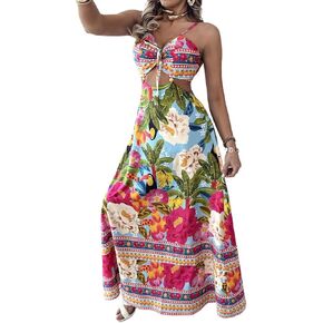 CHICME Women's Floral Maxi Dresses Spaghetti Strap V Neck Boho Dress Lace Up Cutout Casual Summer Beach Sundress