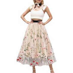 Floerns Women's Floral Embroidered Flared Midi Skirt Elastic High Waist Summer Skirts