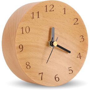 Wooden Analog Desk Clock, 4.7 inch Round Desktop Clock Decoration, Modern Desk and Shelf Clock, Silent Non-Ticking Battery Operated Table Clock Mantel Clock for Office, Living Room, Bedroom