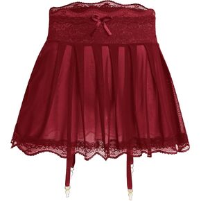 ABAFIP Men's Sissy Crossdressing Lingerie Sheer Mini Skirt with Garters Belt Strappy Lace Trim Tulle Micro Skirts Underwear