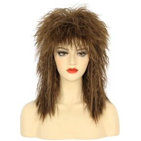 karlery Women Men Long Curly Brown Wig 70s 80s Rocker Mullet Costume Wig Halloween Cosplay Party Wig