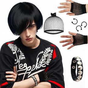 ANOGOL Hair Cap+ Emo Costume Set for Men Short Black Wig Scene Wig 2000S Themed Party Outfits Pop Punk Party Goth Costume for Halloween Party(3 Fake Piercings, 1 Pair of Fishnet Gloves, 1 Bracelet)