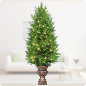 3ft Pre-Lit Cypress Topiary Trees with Solar Lights, Artificial Outdoor UV-Resistant Faux Shrubs, Set of 2 for Front Porch, Backyard, and Garden Walkways Decor