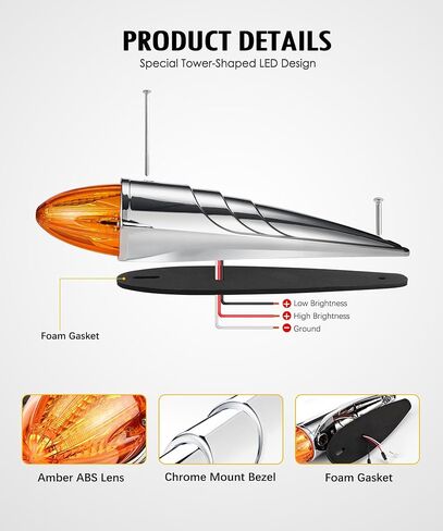 Partsam 5PCS Amber Torpedo Cab Marker, Chrome Roof Running Lights Assembly, LED High/Low-Brightness Mode Clearance Lights Compatible with International/Peterbilt/Freightliner/Mack in Kuwait
